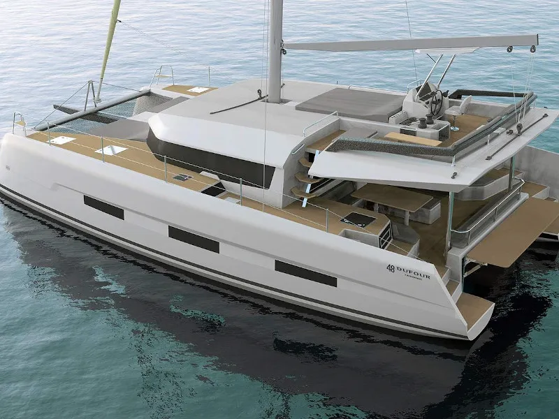 Exterior view of Jupiter, a Dufour Catamaran 48 catamaran at Cagliari, Italy