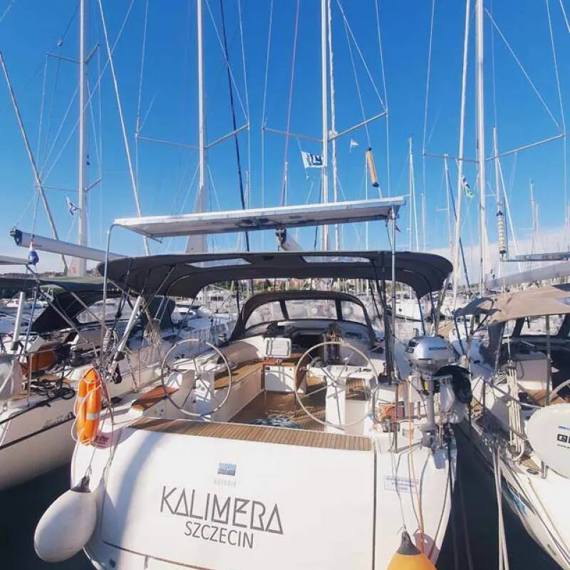Exterior view of Kalimera, a Bavaria Cruiser 45 sailboat at Palma de Mallorca, Spain