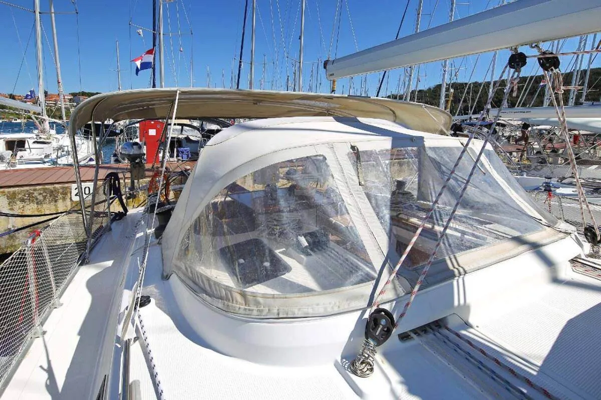 Exterior view of Kalimera, a Bavaria Cruiser 45 sailboat at Palma de Mallorca, Spain