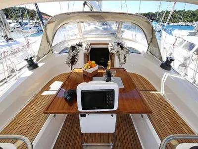 Deck of Kalimera, a Bavaria Cruiser 45 sailboat at Palma de Mallorca, Spain