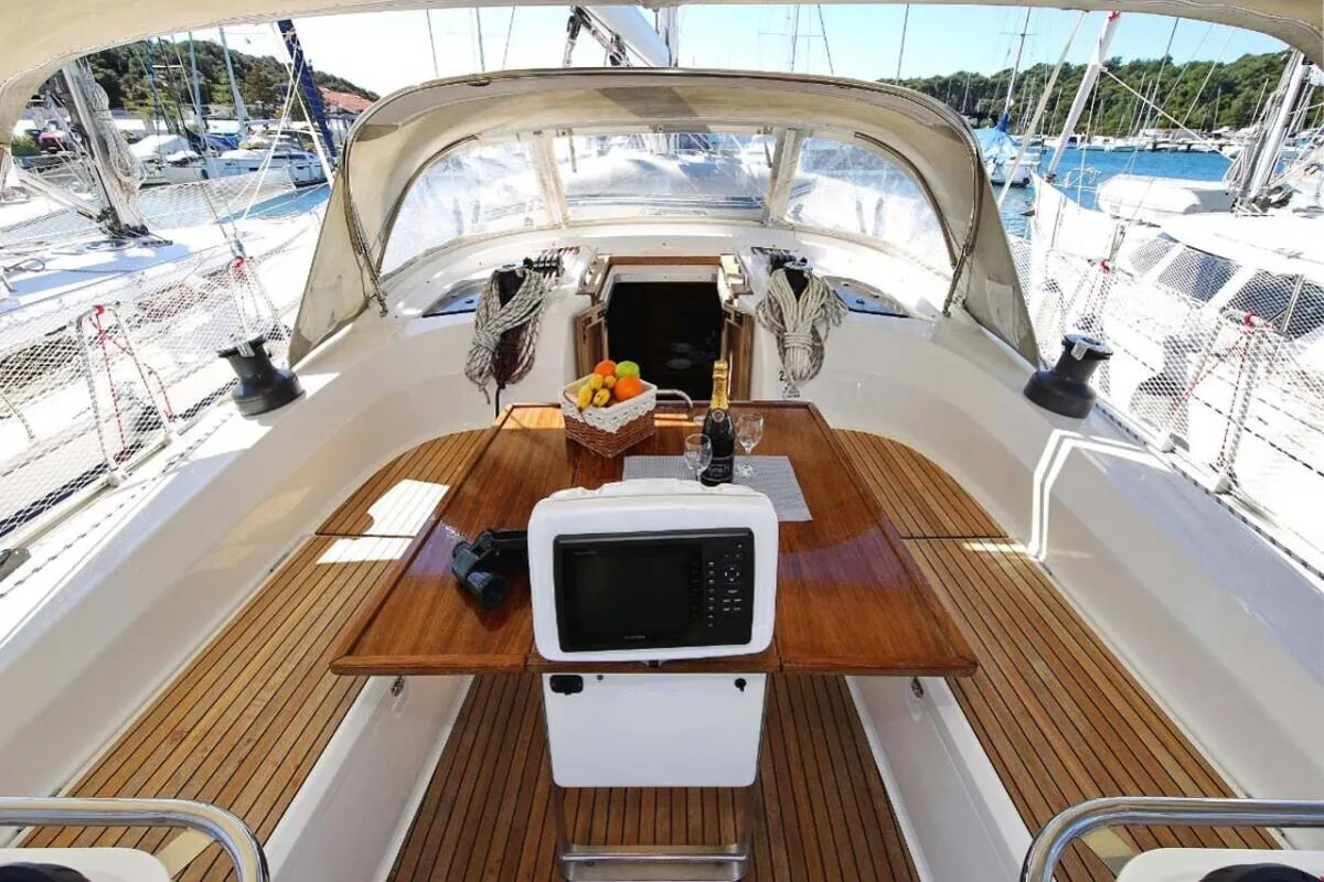 Deck of Kalimera, a Bavaria Cruiser 45 sailboat at Palma de Mallorca, Spain