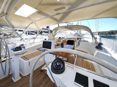 Cockpit of Kalimera, a Bavaria Cruiser 45 sailboat at Palma de Mallorca, Spain