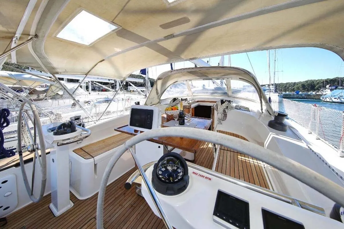 Cockpit of Kalimera, a Bavaria Cruiser 45 sailboat at Palma de Mallorca, Spain
