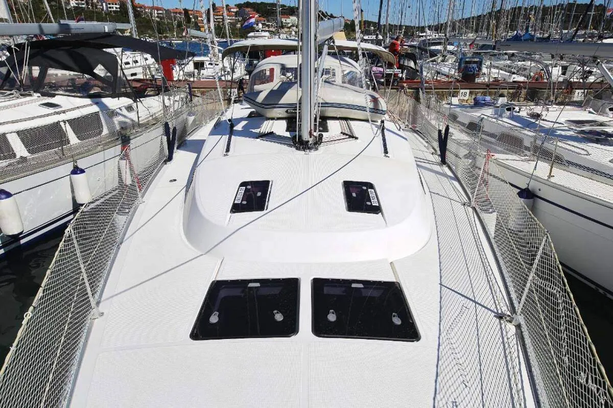 Deck of Kalimera, a Bavaria Cruiser 45 sailboat at Palma de Mallorca, Spain