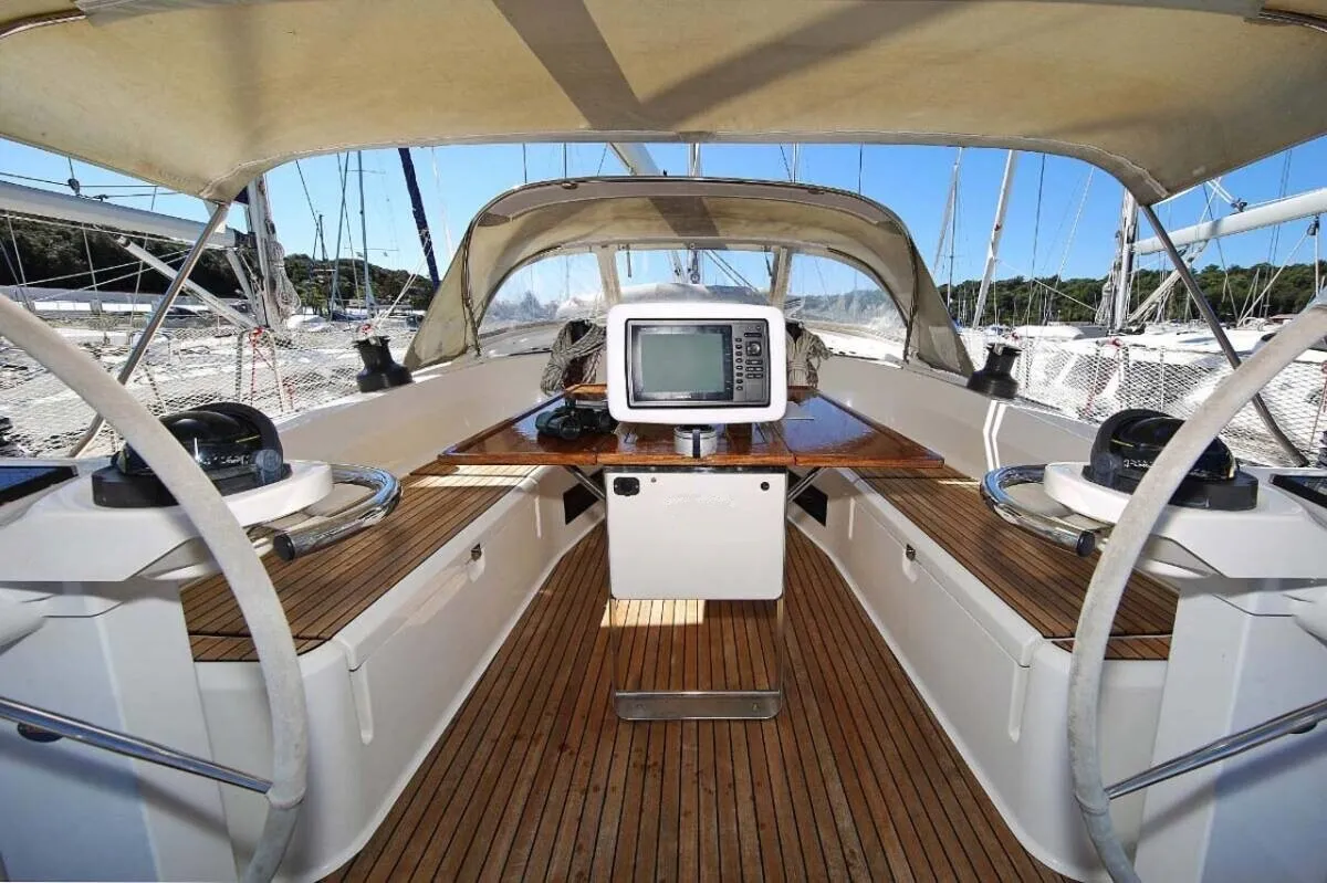 Cockpit of Kalimera, a Bavaria Cruiser 45 sailboat at Palma de Mallorca, Spain
