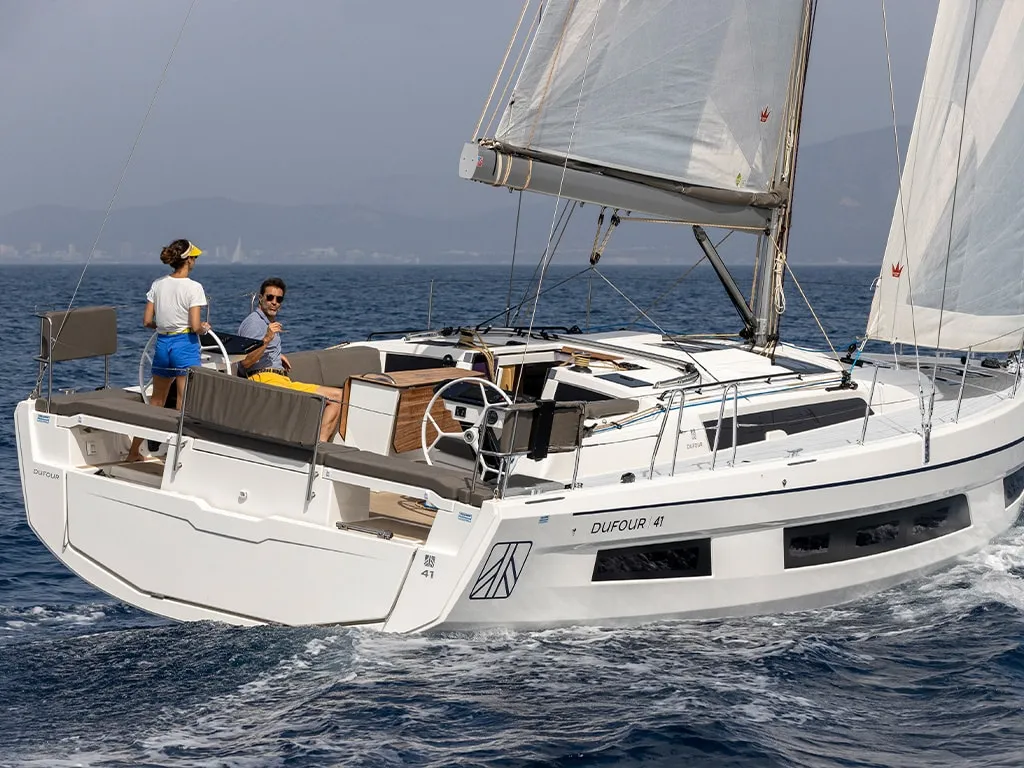 Exterior view of Donamar, a Dufour 41 sailboat at es Jonquet, Spain