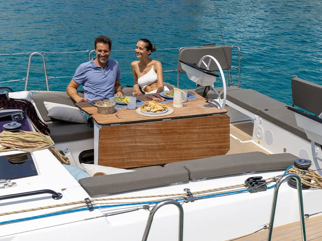 Deck of Donamar, a Dufour 41 sailboat at es Jonquet, Spain