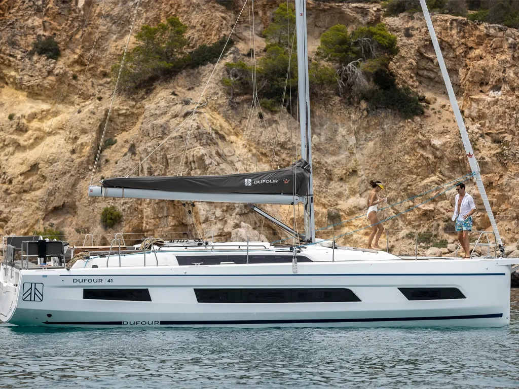 Exterior view of Donamar, a Dufour 41 sailboat at es Jonquet, Spain