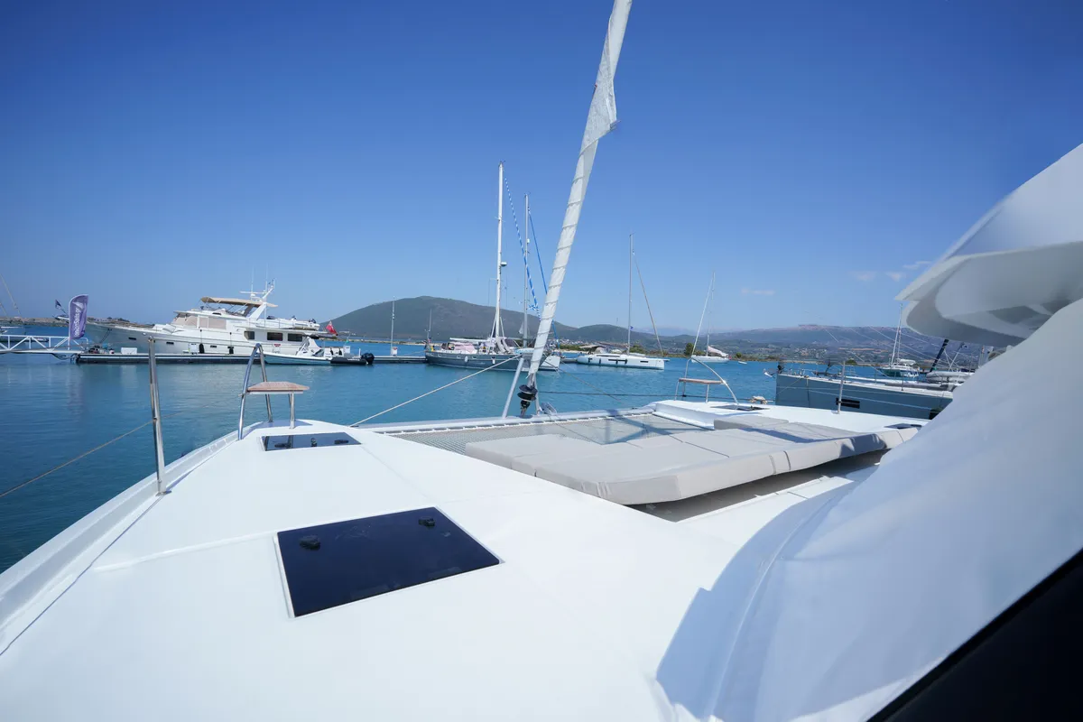 Exterior view of Inoe, a Fountaine Pajot Astréa 42 catamaran at Municipal Unit of Lefkada, Greece