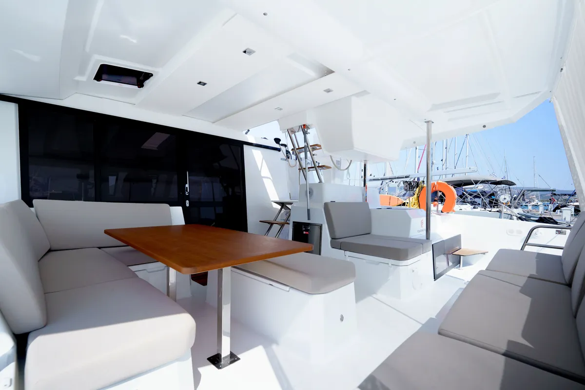 Deck of Inoe, a Fountaine Pajot Astréa 42 catamaran at Municipal Unit of Lefkada, Greece