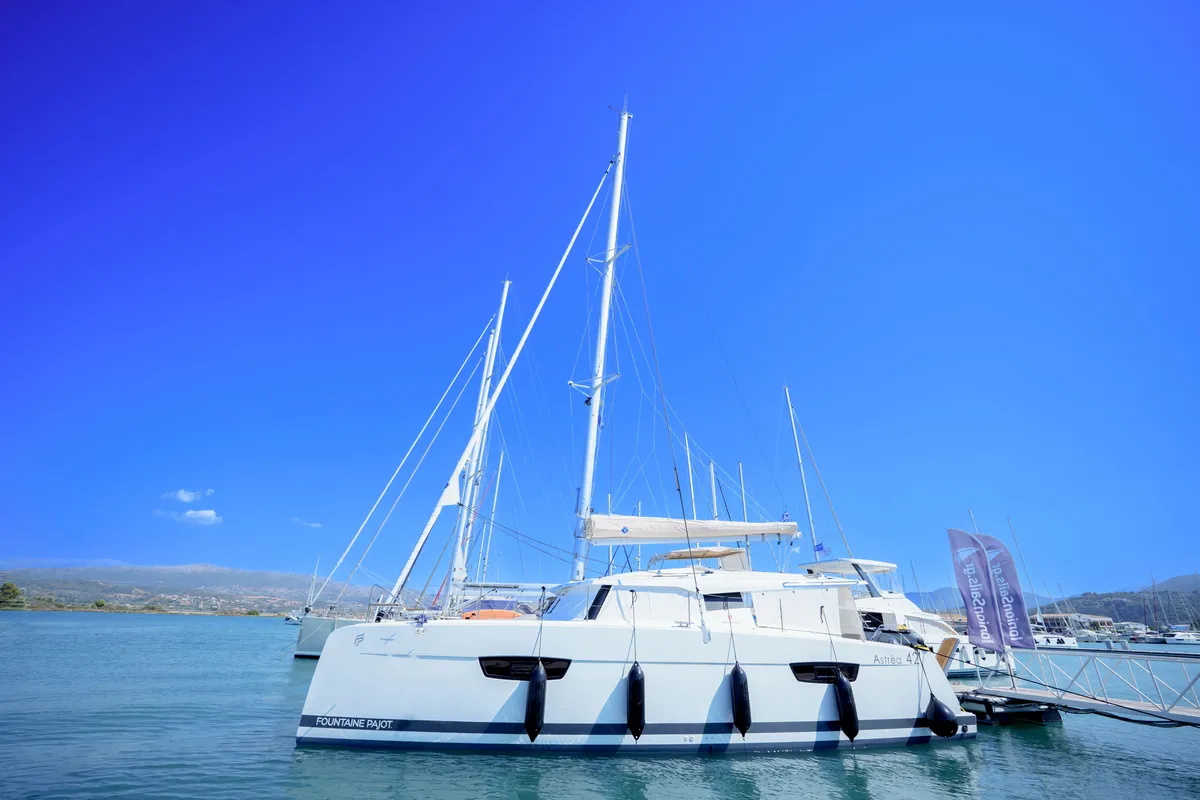 Exterior view of Inoe, a Fountaine Pajot Astréa 42 catamaran at Municipal Unit of Lefkada, Greece