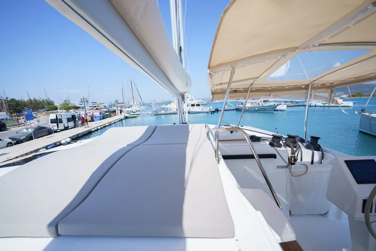 Deck of Inoe, a Fountaine Pajot Astréa 42 catamaran at Municipal Unit of Lefkada, Greece