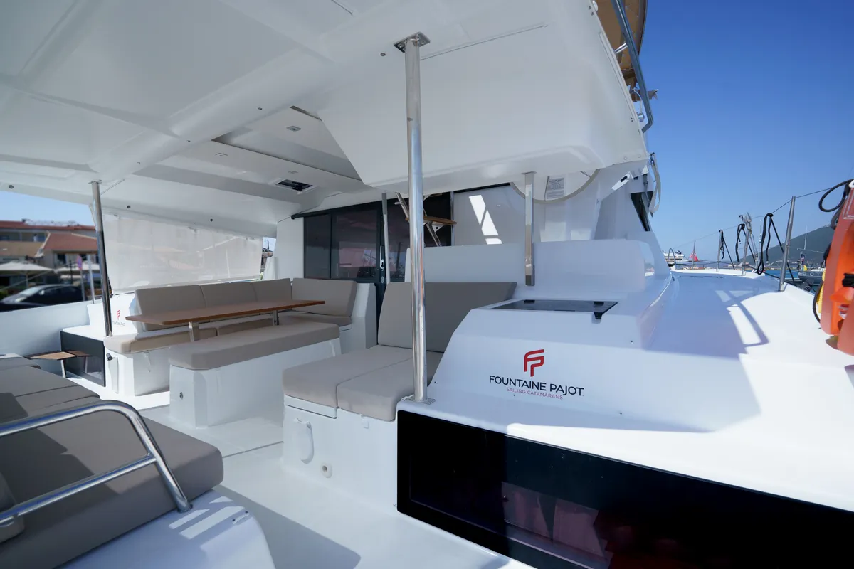 Deck of Inoe, a Fountaine Pajot Astréa 42 catamaran at Municipal Unit of Lefkada, Greece