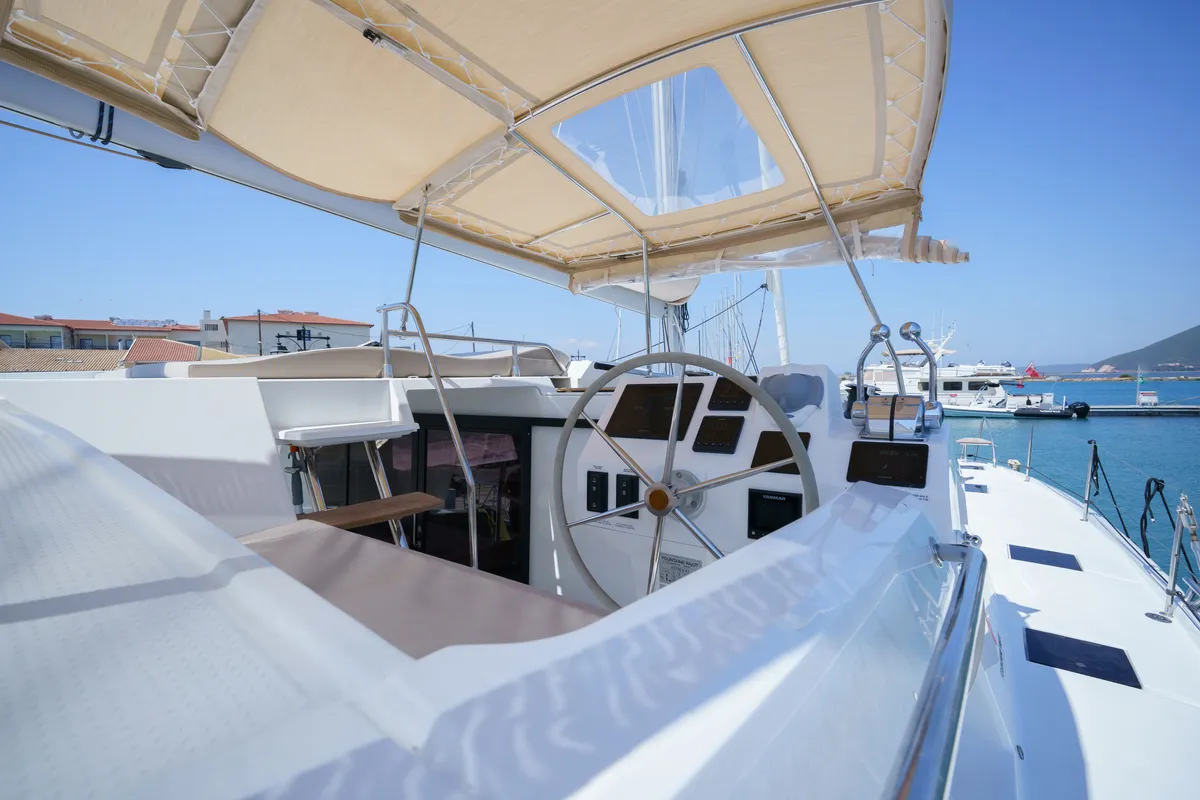 Cockpit of Inoe, a Fountaine Pajot Astréa 42 catamaran at Municipal Unit of Lefkada, Greece