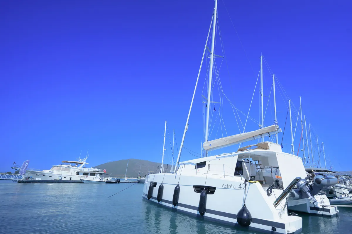 Exterior view of Inoe, a Fountaine Pajot Astréa 42 catamaran at Municipal Unit of Lefkada, Greece