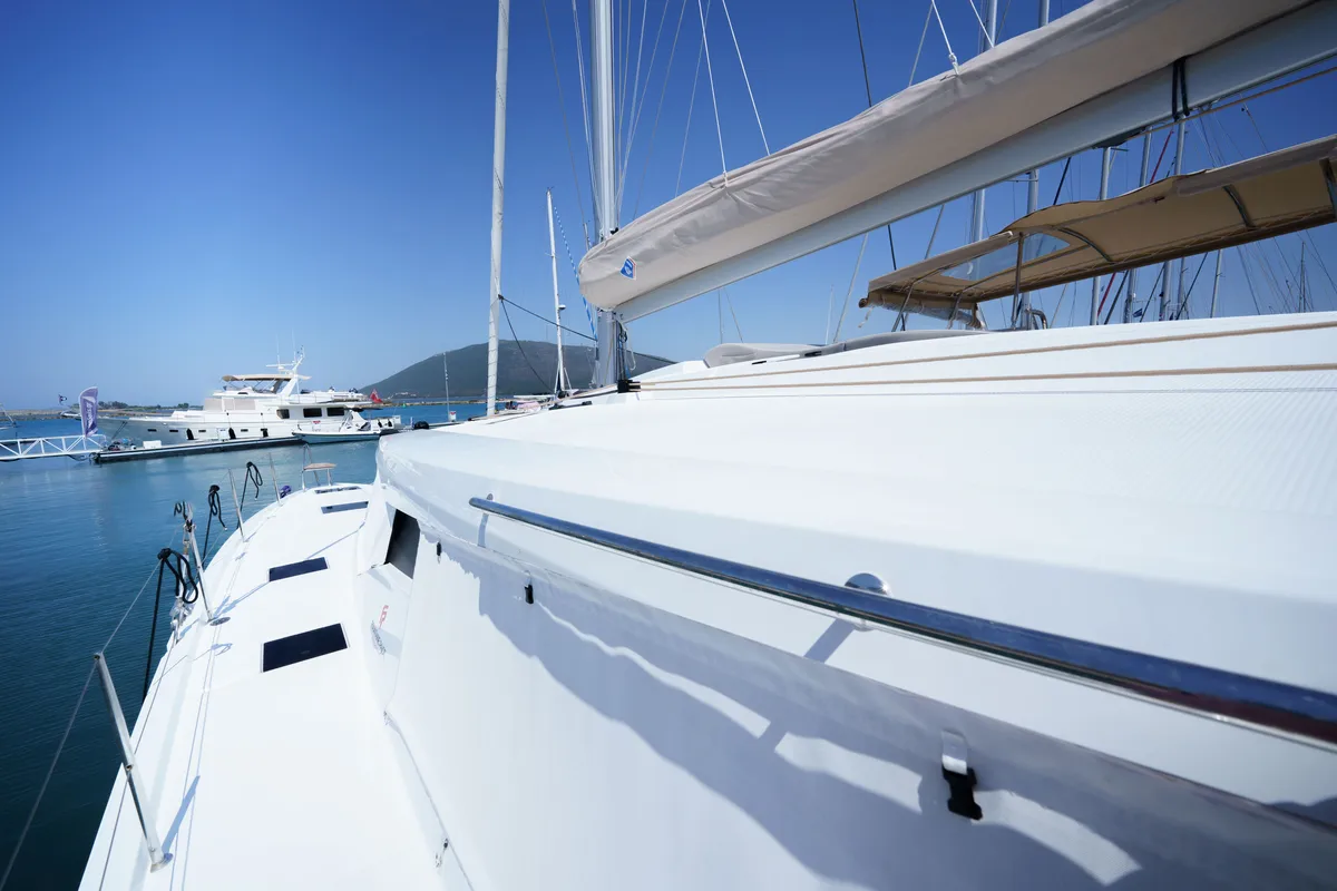 Deck of Inoe, a Fountaine Pajot Astréa 42 catamaran at Municipal Unit of Lefkada, Greece