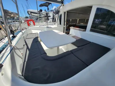 Deck of Aride, a Lagoon 380 catamaran at Roche Caiman, Seychelles