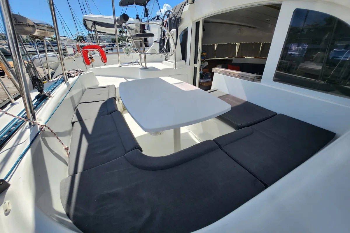 Deck of Aride, a Lagoon 380 catamaran at Roche Caiman, Seychelles