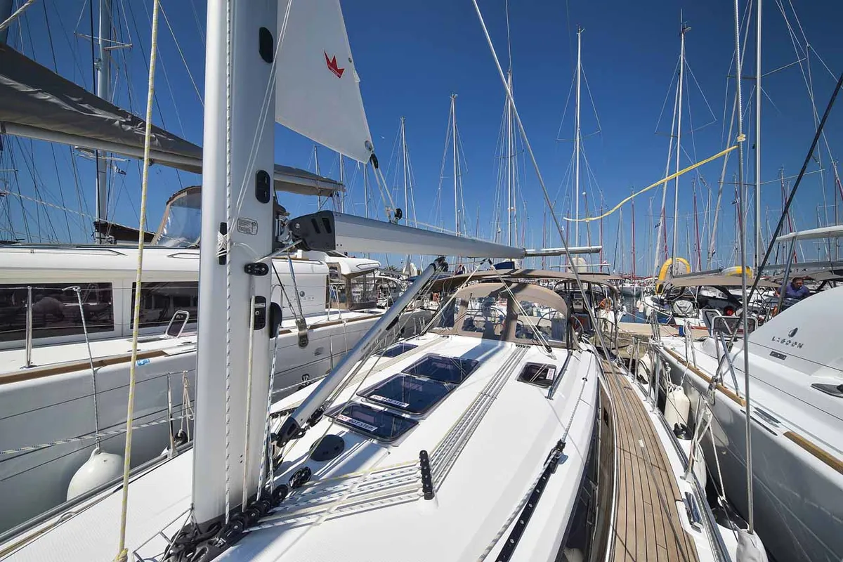 Deck of White Pearl , a Bavaria Cruiser 37 sailboat at Grad Biograd na Moru, Croatia