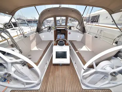 Cockpit of White Pearl , a Bavaria Cruiser 37 sailboat at Grad Biograd na Moru, Croatia