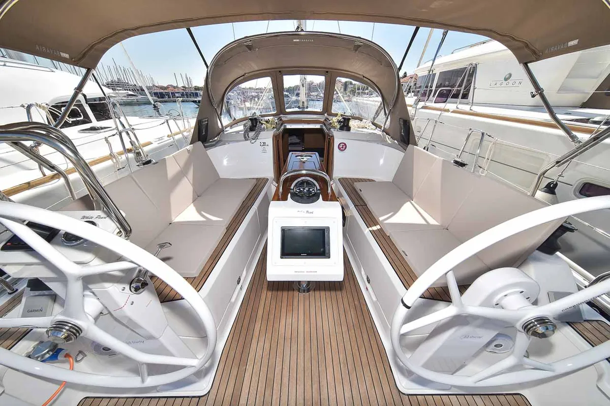 Cockpit of White Pearl , a Bavaria Cruiser 37 sailboat at Grad Biograd na Moru, Croatia