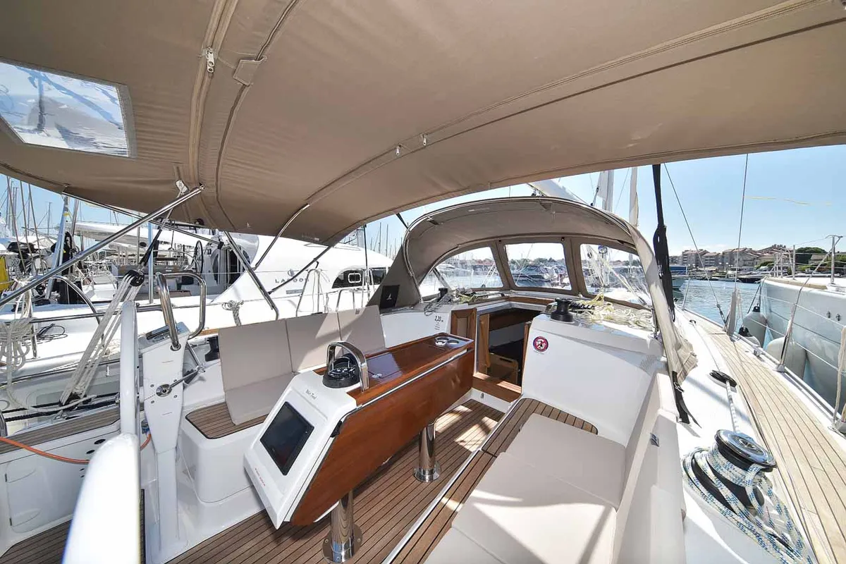Cockpit of White Pearl , a Bavaria Cruiser 37 sailboat at Grad Biograd na Moru, Croatia