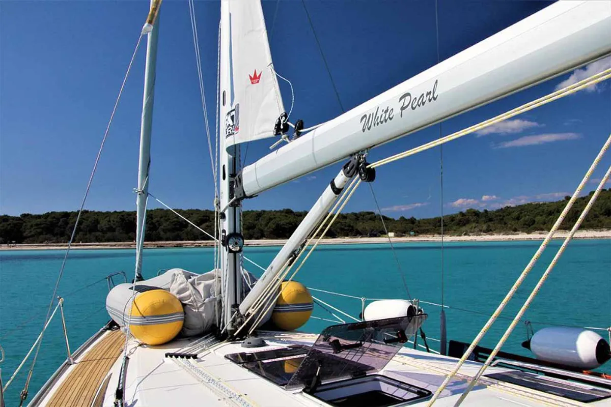 Deck of White Pearl , a Bavaria Cruiser 37 sailboat at Grad Biograd na Moru, Croatia
