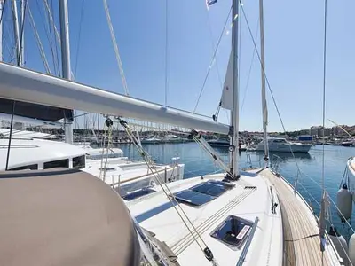 Deck of White Pearl , a Bavaria Cruiser 37 sailboat at Grad Biograd na Moru, Croatia