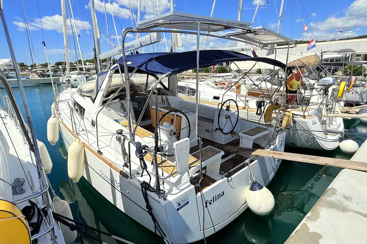 Exterior view of Felina, a Beneteau Oceanis 38 sailboat at Sukošan, Croatia
