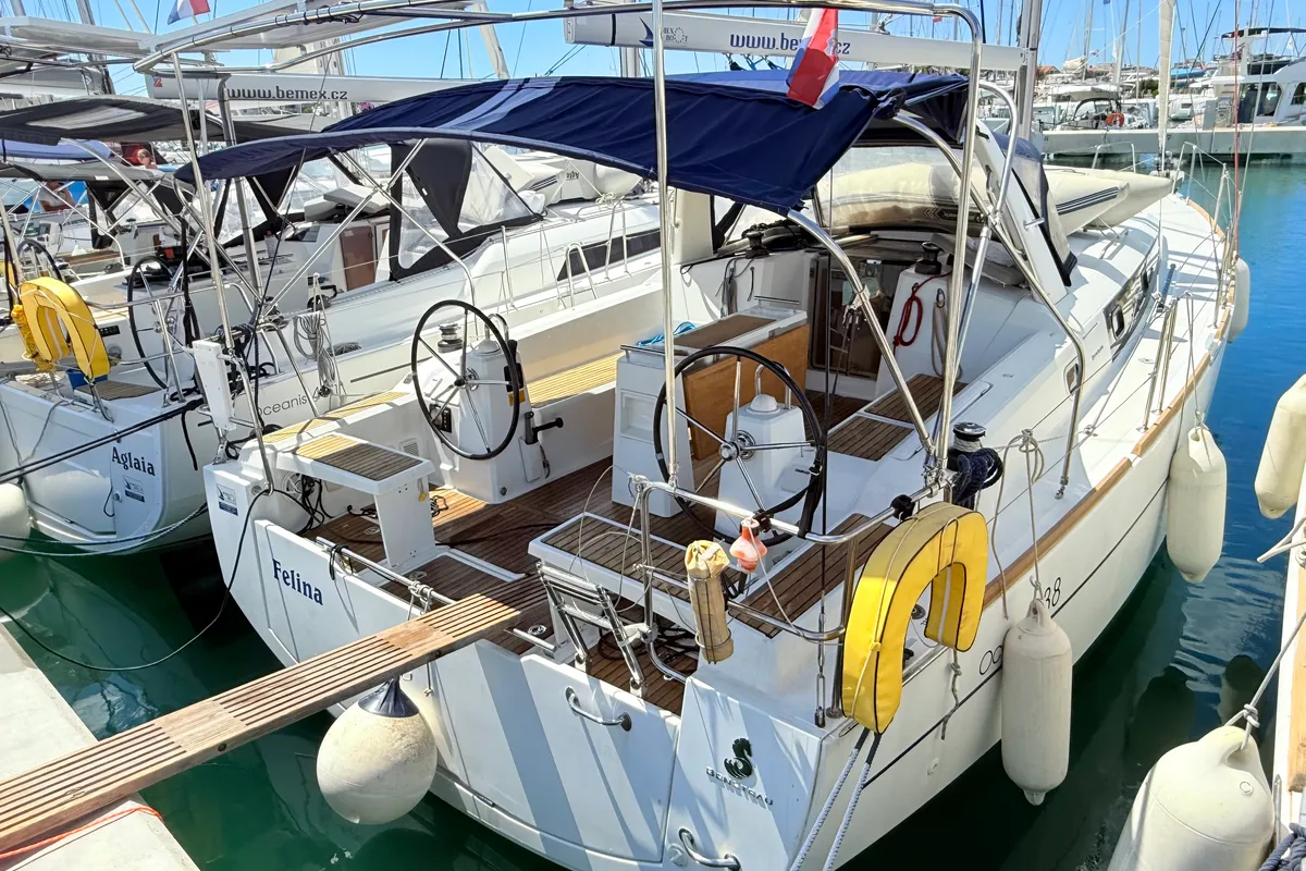 Exterior view of Felina, a Beneteau Oceanis 38 sailboat at Sukošan, Croatia