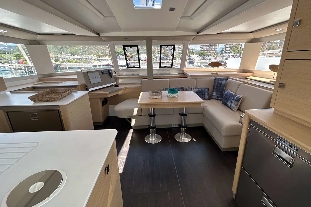 Salon of Deutz, a Fountaine Pajot Astréa 42 catamaran at Salerno, Italy