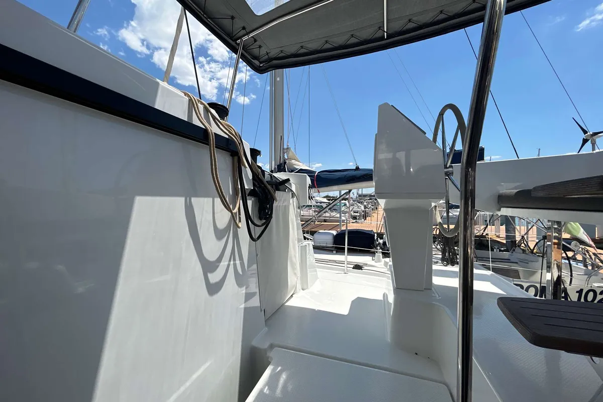 Deck of Deutz, a Fountaine Pajot Astréa 42 catamaran at Salerno, Italy