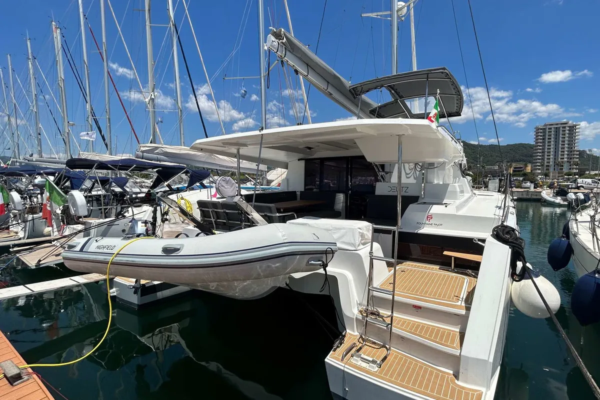 Exterior view of Deutz, a Fountaine Pajot Astréa 42 catamaran at Salerno, Italy
