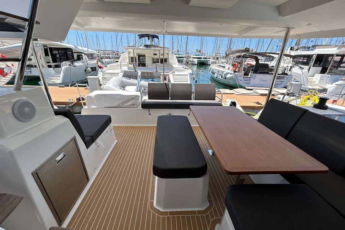Deck of Deutz, a Fountaine Pajot Astréa 42 catamaran at Salerno, Italy