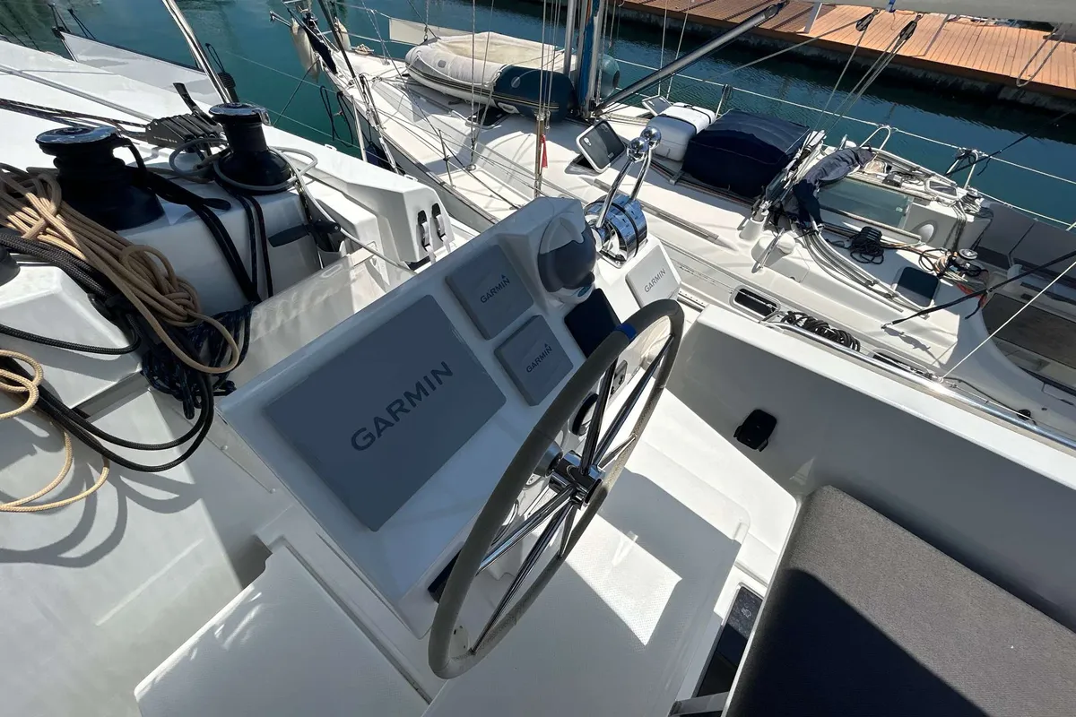 Cockpit of Deutz, a Fountaine Pajot Astréa 42 catamaran at Salerno, Italy