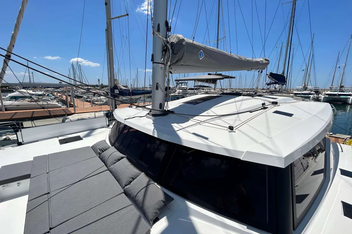 Deck of Deutz, a Fountaine Pajot Astréa 42 catamaran at Salerno, Italy