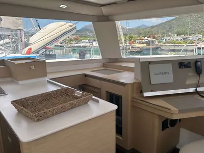 Cockpit of Deutz, a Fountaine Pajot Astréa 42 catamaran at Salerno, Italy