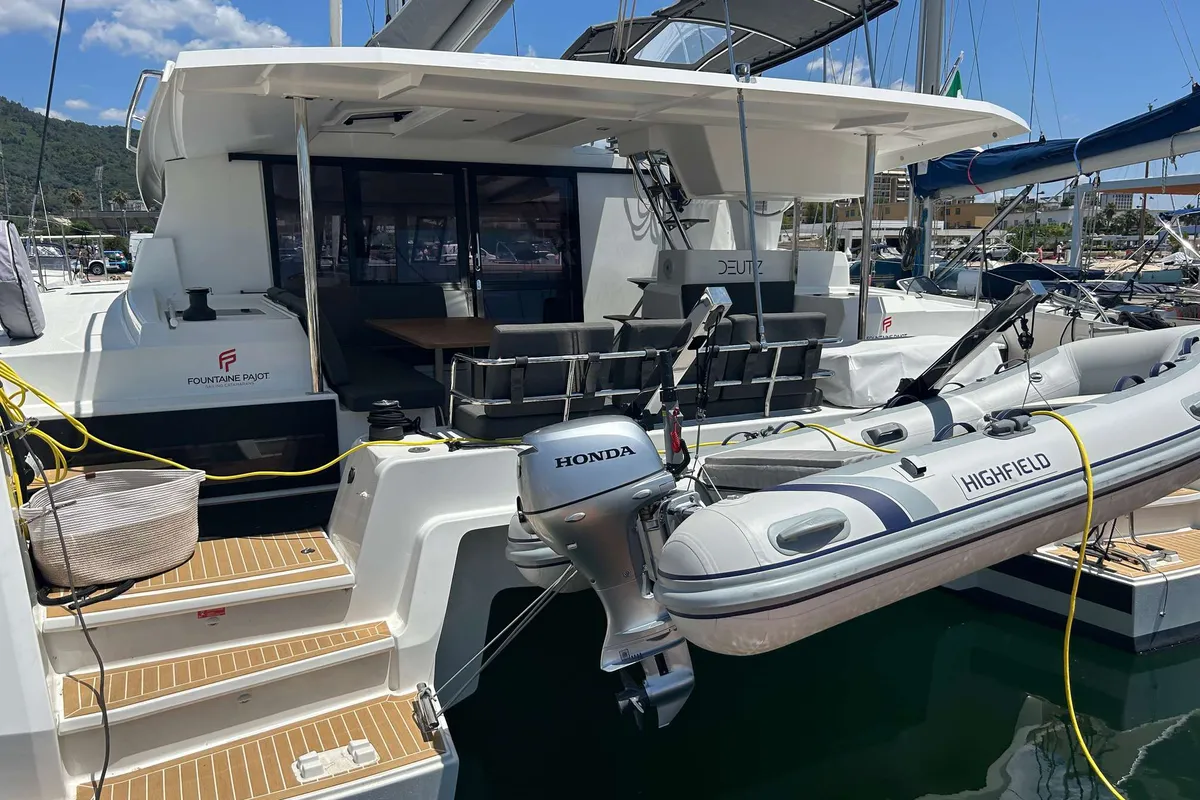 Exterior view of Deutz, a Fountaine Pajot Astréa 42 catamaran at Salerno, Italy