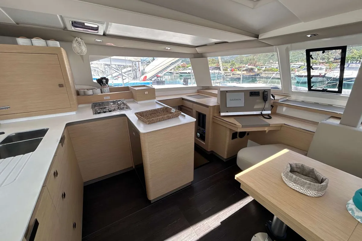 Salon of Deutz, a Fountaine Pajot Astréa 42 catamaran at Salerno, Italy