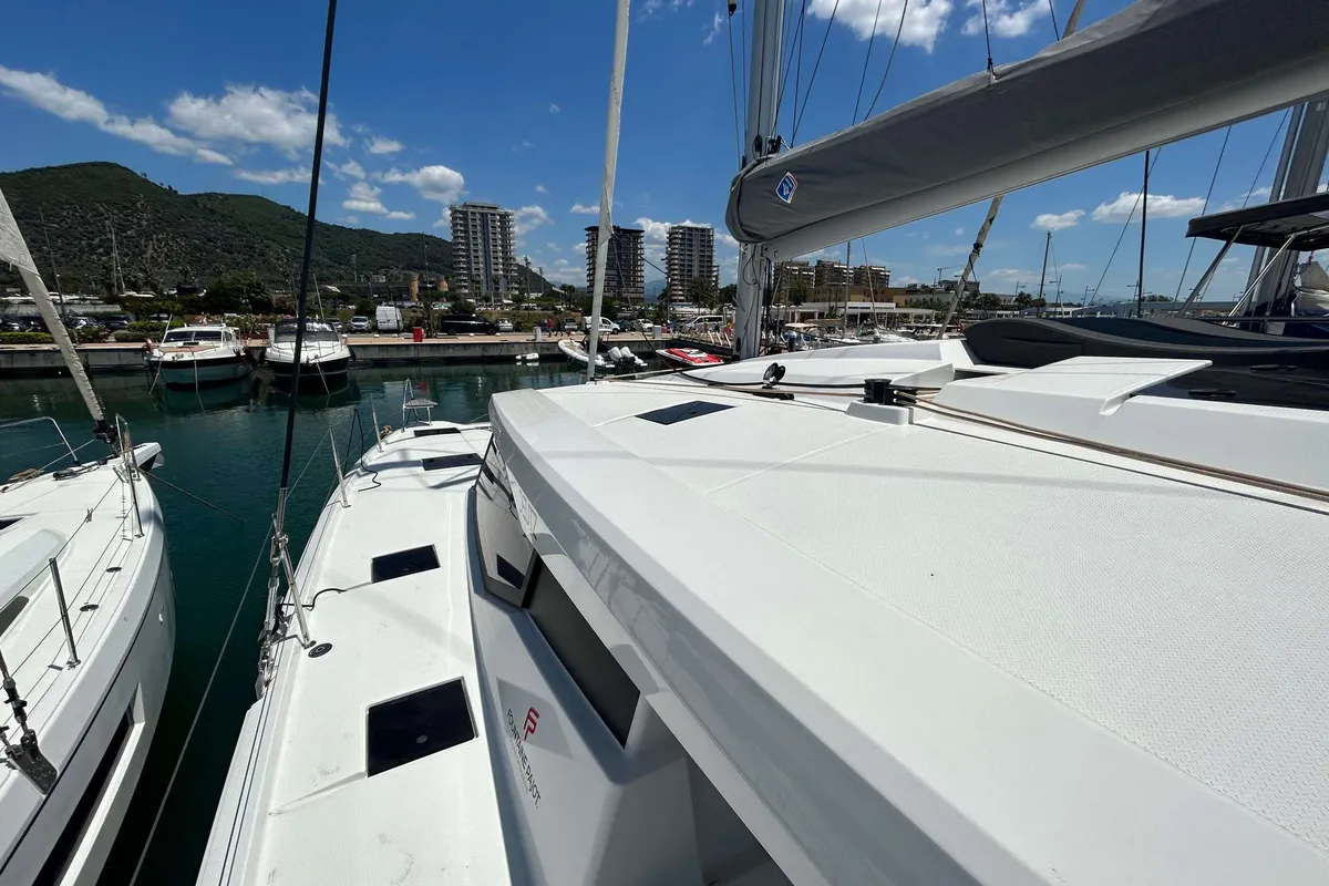 Deck of Deutz, a Fountaine Pajot Astréa 42 catamaran at Salerno, Italy