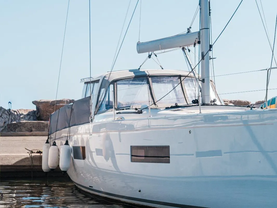 Exterior view of Reminescence, a Beneteau Oceanis 60 sailboat at Hyères, France