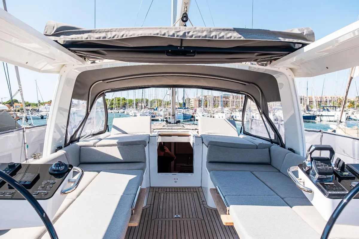 Cockpit of Reminescence, a Beneteau Oceanis 60 sailboat at Hyères, France