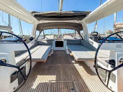 Cockpit of Reminescence, a Beneteau Oceanis 60 sailboat at Hyères, France