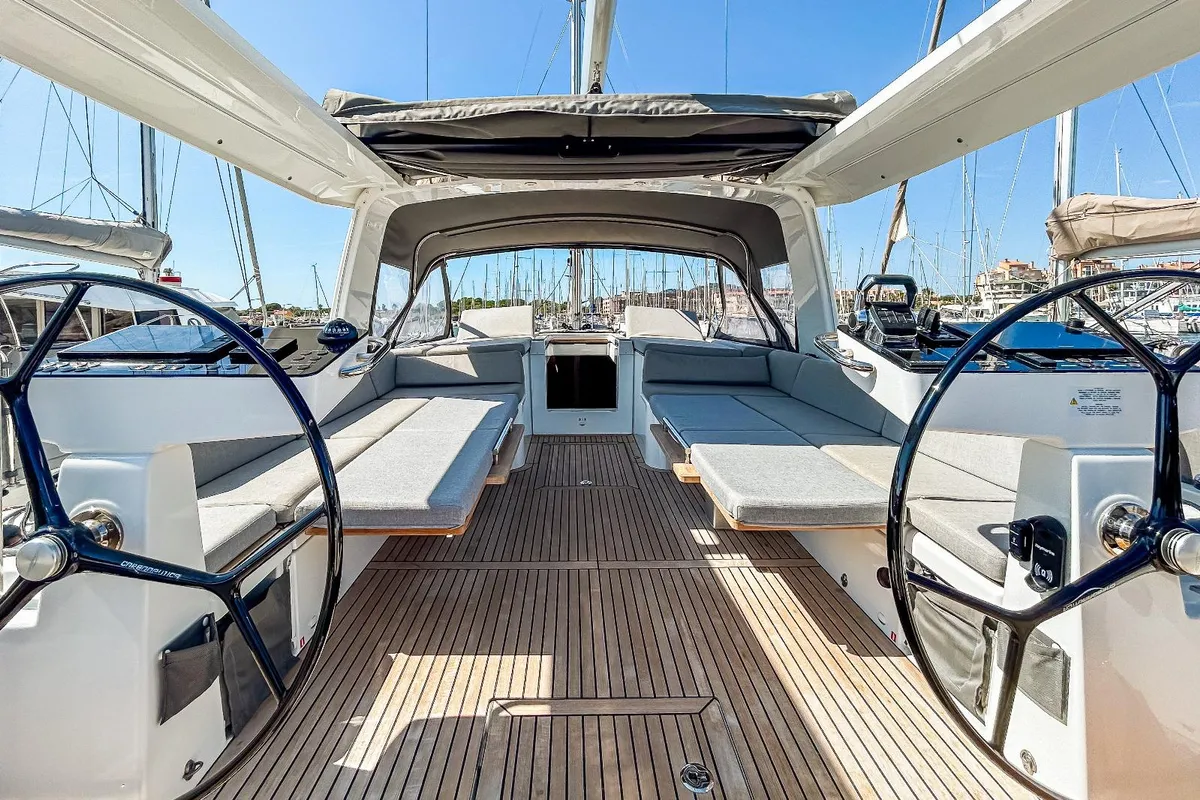 Cockpit of Reminescence, a Beneteau Oceanis 60 sailboat at Hyères, France