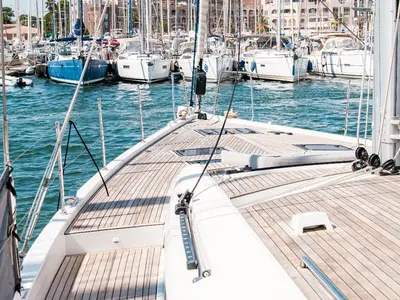 Deck of Reminescence, a Beneteau Oceanis 60 sailboat at Hyères, France