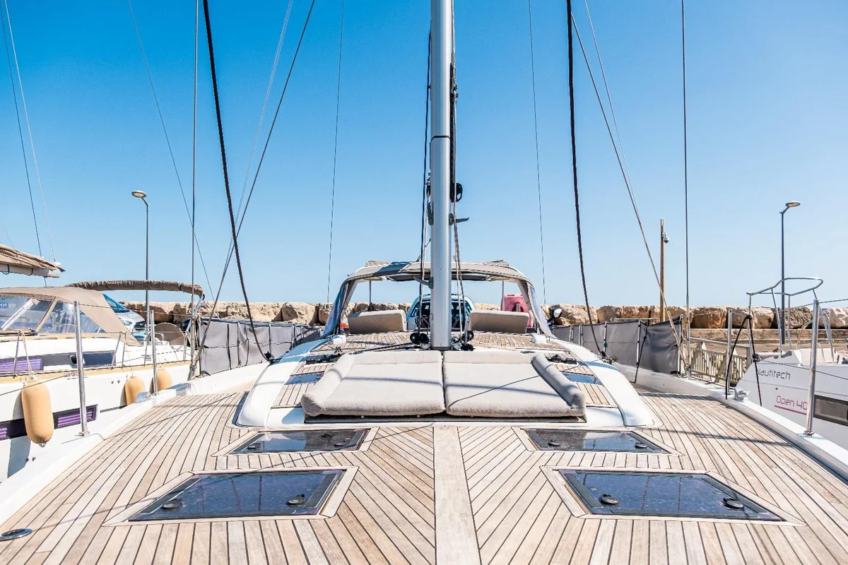 Deck of Reminescence, a Beneteau Oceanis 60 sailboat at Hyères, France