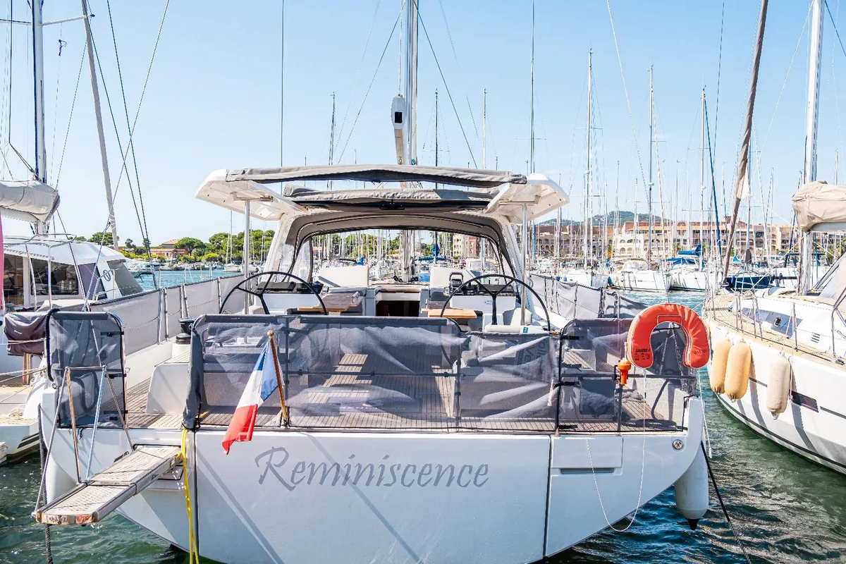 Exterior view of Reminescence, a Beneteau Oceanis 60 sailboat at Hyères, France