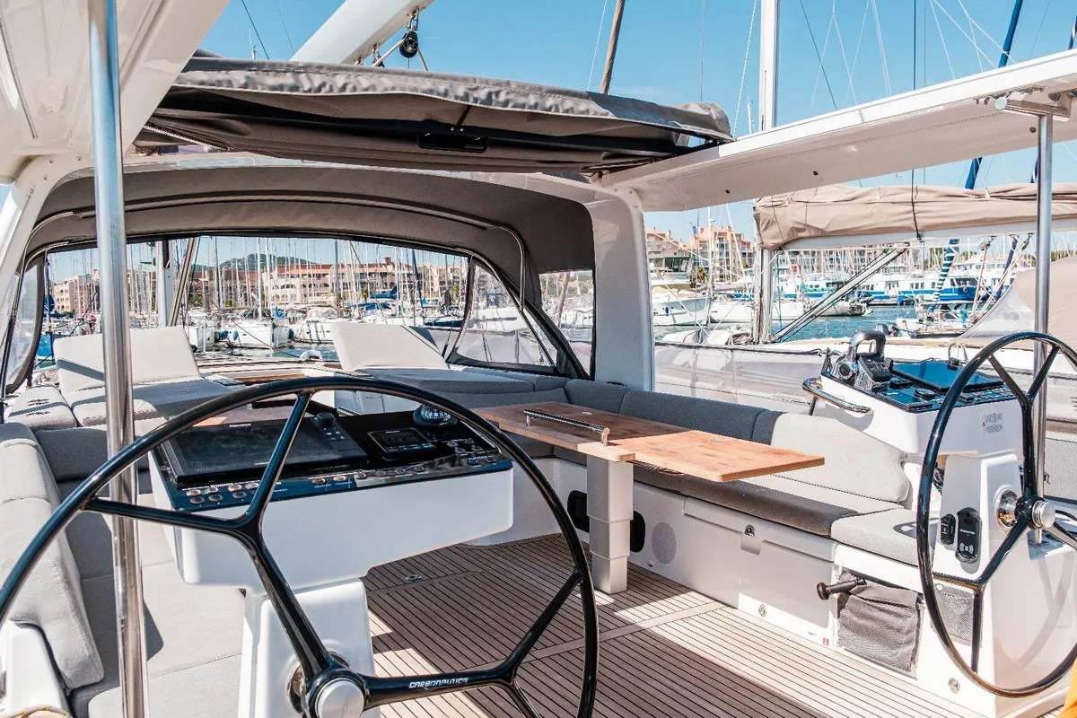 Cockpit of Reminescence, a Beneteau Oceanis 60 sailboat at Hyères, France