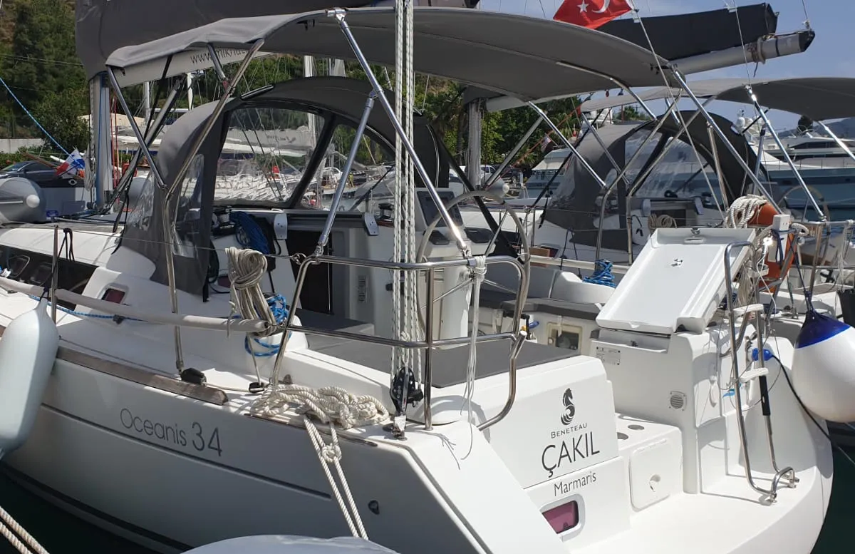 Exterior view of Cakil, a Beneteau Oceanis 34 sailboat at Marmaris, Turkey