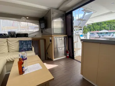 Salon of Happy Ours, a Fountaine Pajot Lucia 40 catamaran at Road Town, British Virgin Islands